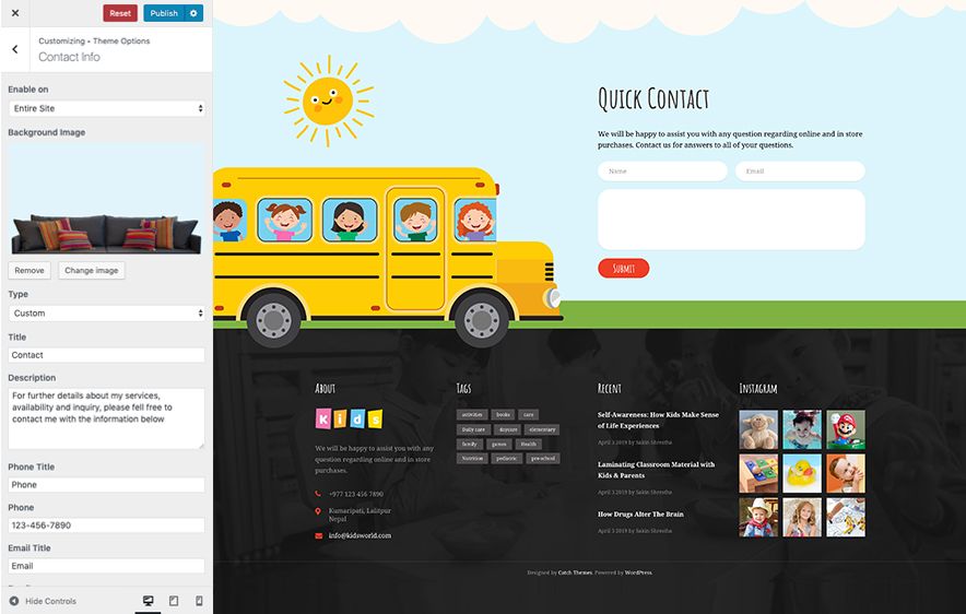 Kids Camp Pro - Education WordPress Theme - Contact Information Layout