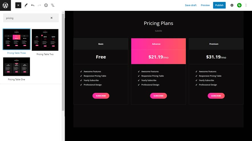 pricing-table in fse pro