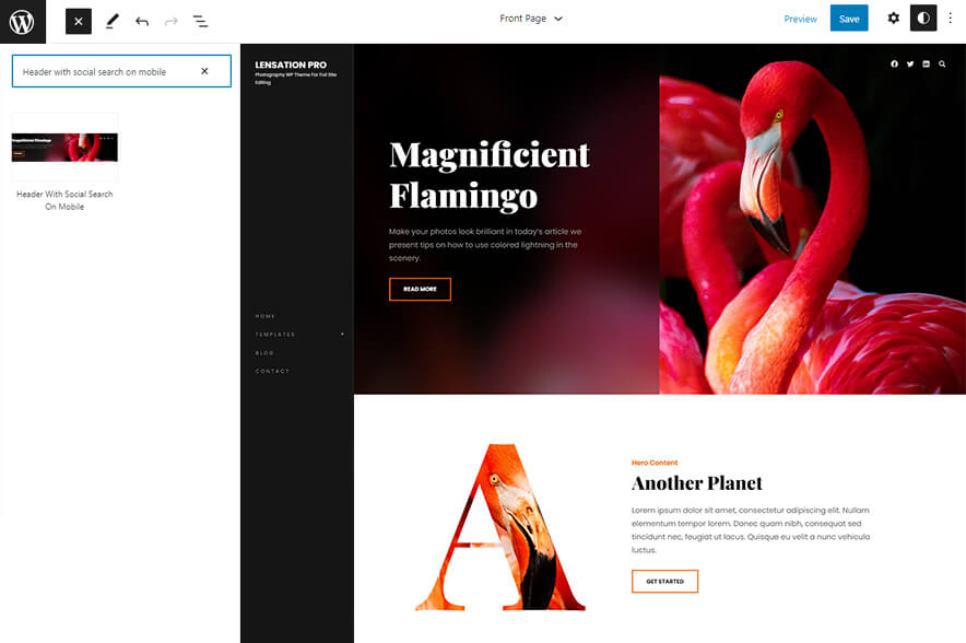 Lensation Pro - Photograpghy WordPress Block Theme Header with Social Search On Mobile Image