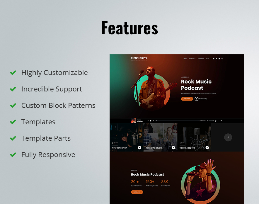 Pentatonic Pro - Music WordPress Block Theme for Full Site Editing Features