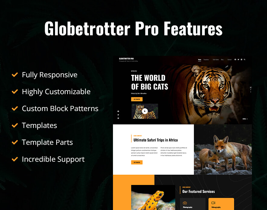 Globetrotter Pro - Photography WordPress Block Theme For Full Site Editing Features