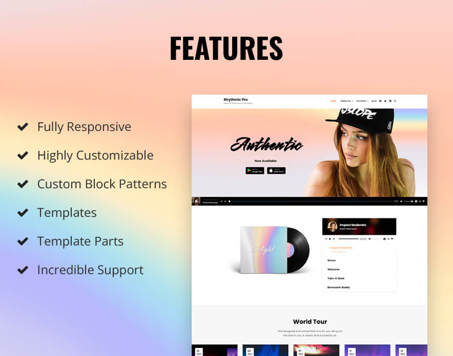 Rhythmic Pro - Music WordPress Block Theme For Full Site Editing Features Image