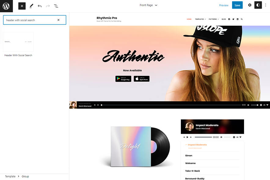 Rhythmic Pro - Music WordPress Block Theme For Full Site Editing Header With Social Search Image