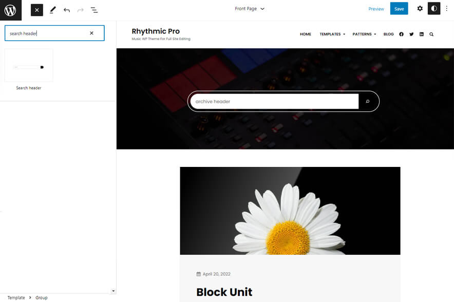 Rhythmic Pro - Music WordPress Block Theme Search Header 