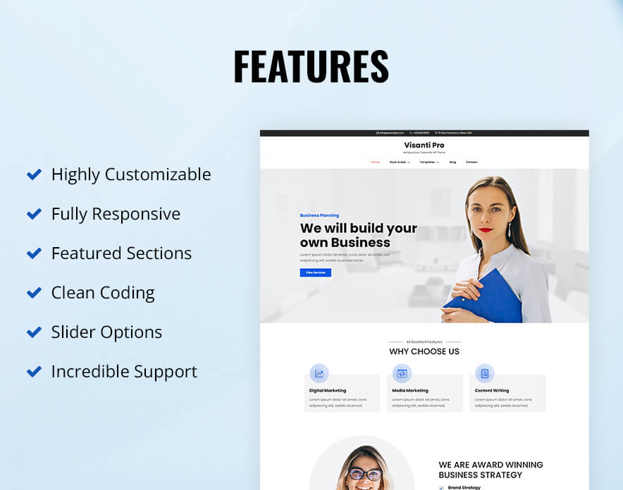 Visanti Pro - Multipurpose Corporate WordPress Theme Features