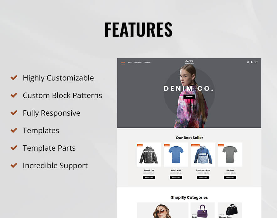 OutWit eCommerce WordPress Block Theme Features