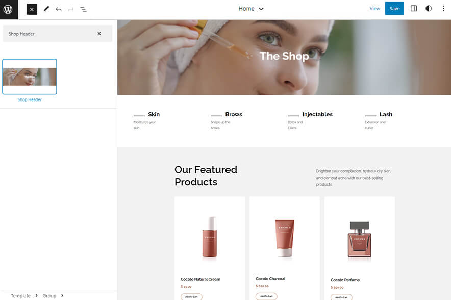 Skincues - eCommerce WordPress Block Theme Shop Header