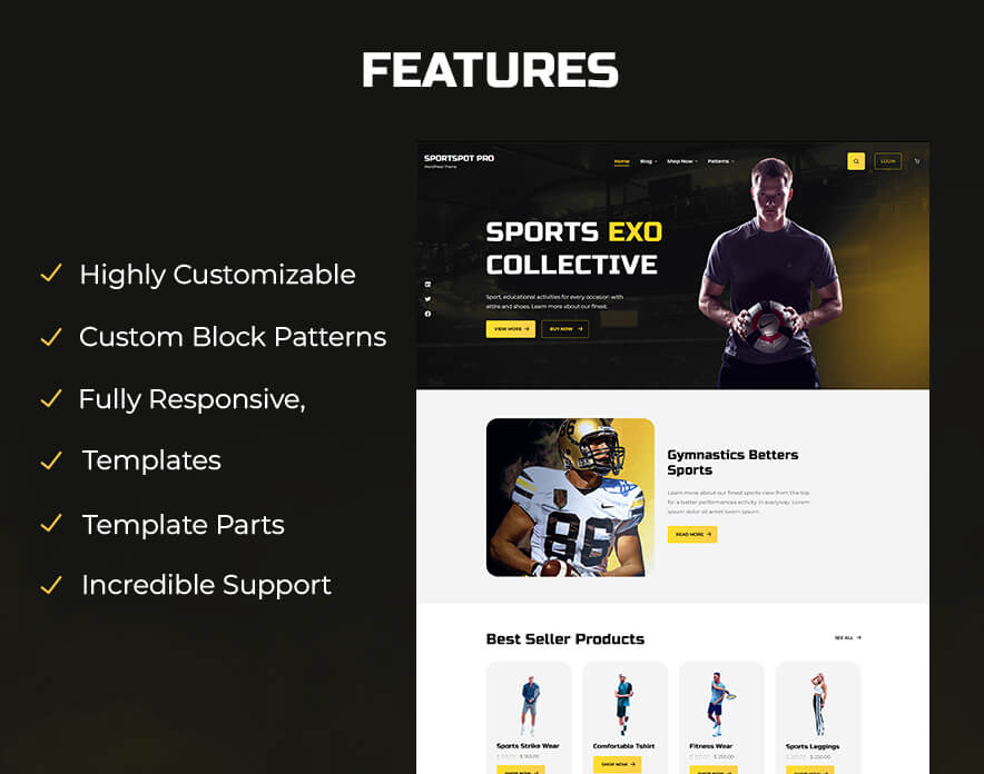 Sportspot Pro - Sports WordPress eCommerce Block Theme Features