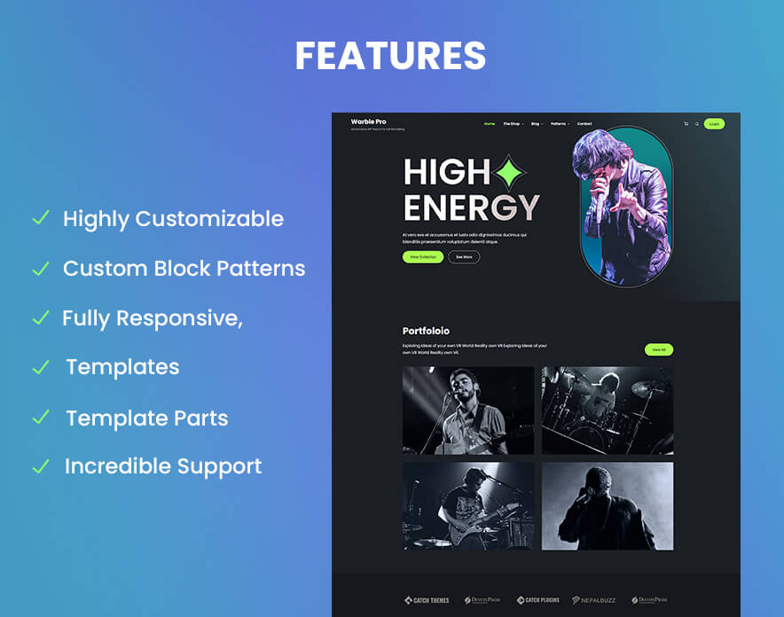 Warble Pro - Music WordPress eCommerce Block Theme Features
