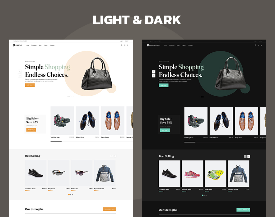 Prestivo WooCommerce block theme shown in light and dark global styles
