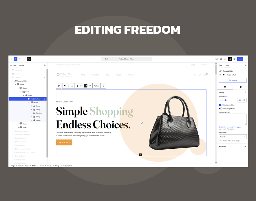 Editing a Prestivo WooCommerce block theme template in the WordPress Site Editor