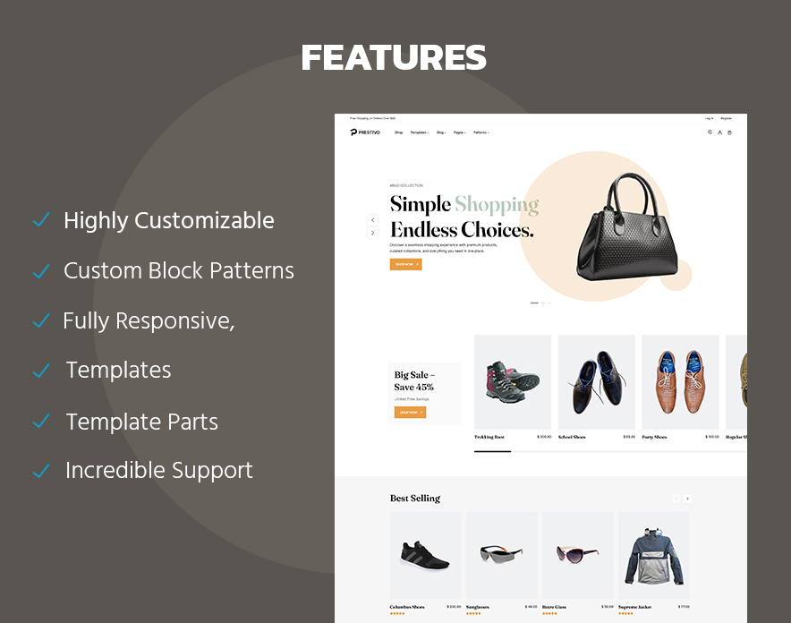 Prestivo WooCommerce block theme feature overview