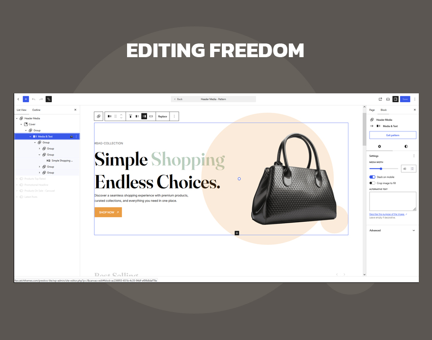 Editing a Prestivo Lite WooCommerce block theme template in the WordPress Site Editor
