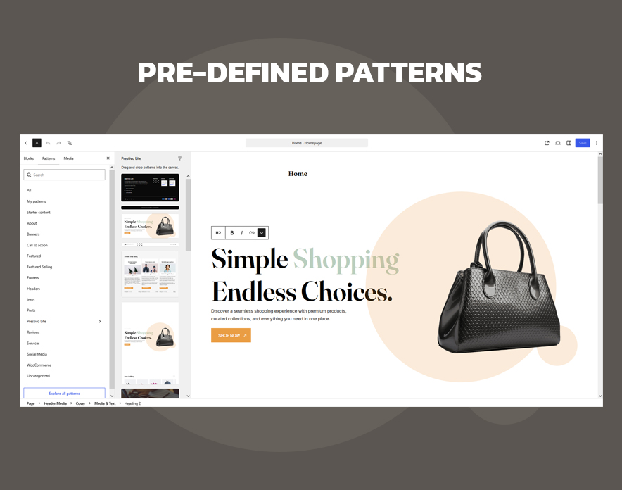 Prestivo Lite block pattern library in the WordPress Site Editor Inserter