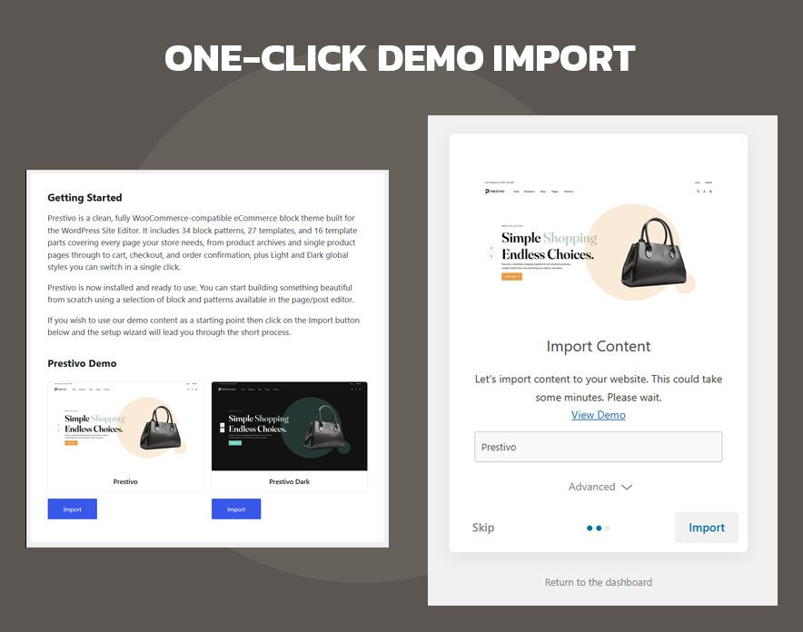 Prestivo theme dashboard at Appearance → Prestivo with the demo import button