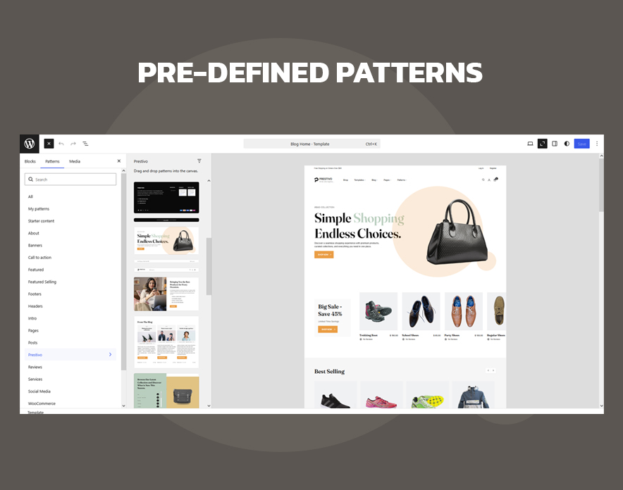 Prestivo block pattern library in the WordPress Site Editor inserter