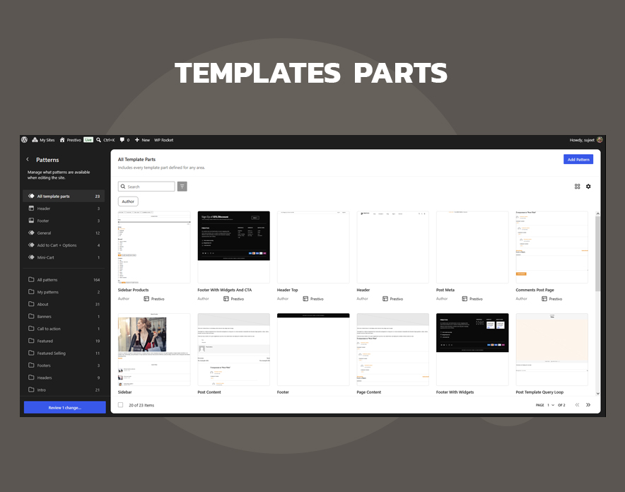 Prestivo template parts listed in the WordPress Site Editor