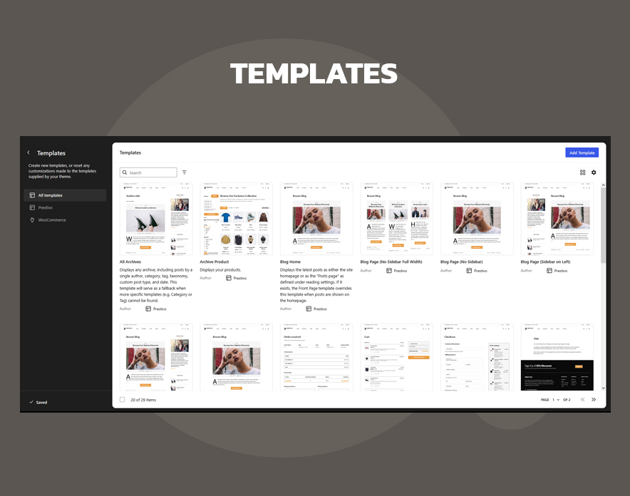 WooCommerce block templates in Prestivo, including cart, checkout and single product