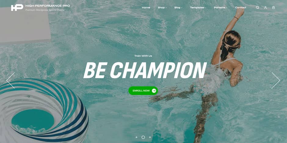 Full-width hero slider with a sports photo, bold headline, and Enroll Now button